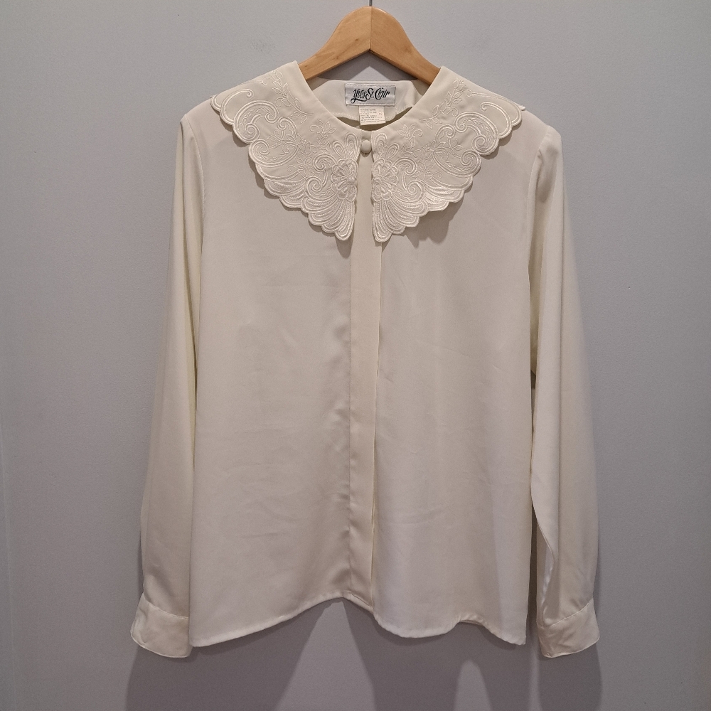 Vtg Yves St. Clair Cream Blouse with Peter Pan Embroidered Collar Womens XL